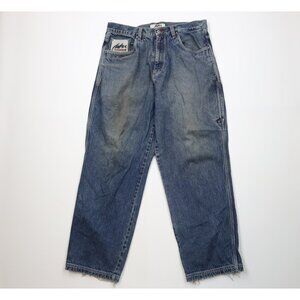 Vintage 90s FUBU Mens 38x32 Distressed Spell Out Baggy Wide Leg Denim Jeans Blue